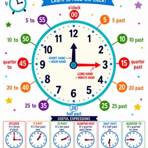 Könnte beinhalten: Ein Lernposter mit dem Titel Telling the Time, das ein großes zentrales Zifferblatt, farbige Beschriftungen für Minutenangaben und einen Bereich mit kleineren Uhren zeigt, die nützliche Ausdrücke wie o'clock und half past darstellen.