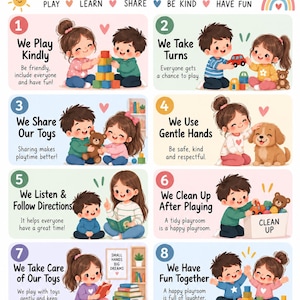 Op de afbeelding: Een kleurrijke educatieve poster getiteld Playroom Rules met acht genummerde secties met illustraties van spelende kinderen. Elke sectie bevat een regel zoals We Play Kindly, We Take Turns en We Share Our Toys, vergezeld van beschrijvende tekst en kleine hartpictogrammen.