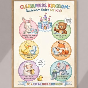 Cleanliness Kingdom Bathroom Rules for Kids, Cute Animal Hygiene Poster, Printable Wall Art, Colorful Kids Bathroom Sign, Instant Download