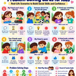 May include: A colorful educational poster titled Friendship Problem-Solving Cards for Kids. It features six numbered scenarios with illustrations of children, multiple-choice solutions, a five-step problem-solving guide, and a parent and teacher guide.