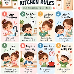 Puede incluir: Un póster educativo colorido titulado Kids Kitchen Rules que presenta ocho pasos numerados con ilustraciones de niños realizando tareas de cocina. El texto incluye instrucciones como Wash Your Hands, Ask Before You Touch y Never Touch Hot Things.