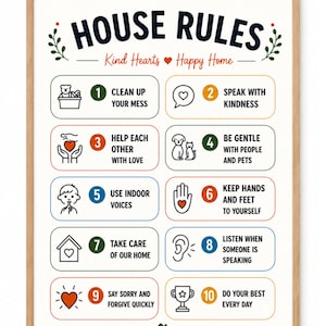 Può includere: Una stampa artistica da parete incorniciata intitolata HOUSE RULES Kind Hearts Happy Home, che presenta dieci linee guida numerate con icone. Il testo include istruzioni come Clean Up Your Mess, Speak With Kindness, Help Each Other With Love.