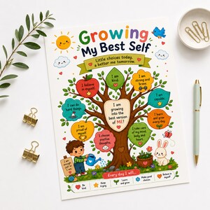 Könnte beinhalten: Ein buntes Lernposter mit dem Titel Growing My Best Self, das einen zentralen Baum mit Affirmationsblättern, ein Kind beim Gießen einer Pflanze, einen Hasen und eine Sonne zeigt. Der Text enthält Sätze wie I am kind und I am capable.