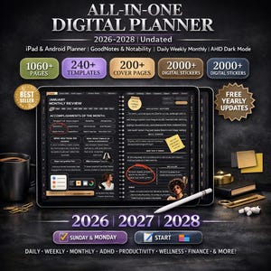 Op de afbeelding: Advertentie voor een alles-in-één digitale planner voor iPad en Android, voor 2026-2028. De afbeelding toont een tablet met de plannerinterface, met functies zoals 1060+ pagina's, 240+ sjablonen en 2000+ digitale stickers. Tekst: "Dagelijks, Wekelijks, Maandelijks, ADHD, Productiviteit, Wellness, Financiën & Meer!"