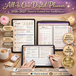 Pode incluir: Um planejador digital completo para 2026-2027, compatível com iPad e Android. Apresenta mais de 1600 páginas, 250+ modelos, 300+ designs de capa e 4000+ adesivos digitais. Compatível com Goodnotes, Notability e OneNote.