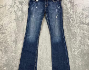 Jeans BKE Sabrina Bootcut para mujer, talla 31x37.5, azul oscuro, lavado desgastado, elástico.