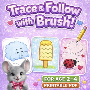 May include: A printable PDF activity for ages 2-4, featuring tracing and drawing exercises. The image shows three cards with illustrations of a cloud, popsicle, and ladybug, along with the text "Trace & Follow with Brush!"