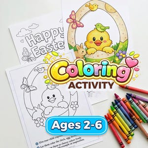 May include: Coloring activity sheets for ages 2-6, featuring Easter-themed illustrations of chicks, eggs, butterflies, and the text "Happy Easter." Includes a variety of colorful crayons for coloring the images.
