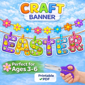 May include: A colorful Easter craft banner with the word "EASTER" spelled out in large, decorated letters. The banner includes images of Easter eggs, bunnies, and chicks. The banner is strung with flower decorations and the words "CRAFT BANNER" are at the top.