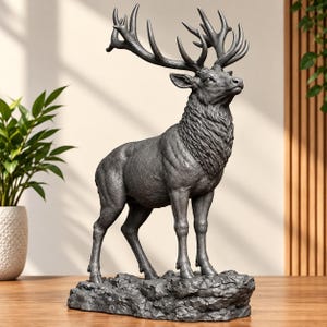 Peut inclure: Une sculpture gris foncé au fini mat représentant un cerf debout avec de grands bois détaillés. Le cerf est représenté dans une posture alerte et droite, positionné sur une base rocheuse texturée imitant un terrain naturel.
