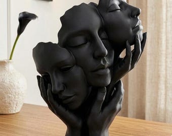 sculpture Visages abstrait et Mains d'Artiste - Décoration Intérieure Haut de Gamme Moderne - Pièce de Collection Psychologique Mystique