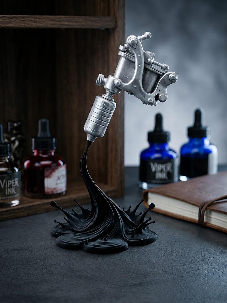 May include: A silver-colored tattoo machine sculpture with a black ink splash base. The sculpture is set against a backdrop of ink bottles and a wooden shelf. The bottles contain red and blue ink.
