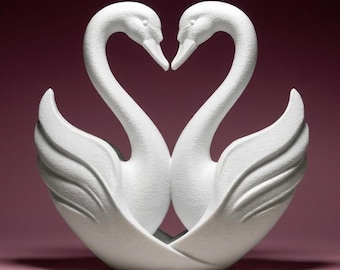 Sculpture Cygnes en Cœur Blanc Pur - Statue Couple d'Oiseaux Impression 3D - Décoration Romantique Mariage et Salon