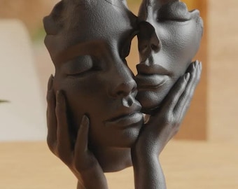 Sculpture visage art moderne - Statue Visages Entrelacés et Mains - Déco Romantique Contemporaine