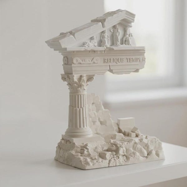 Sculpture of a ruined Greek temple - Ruins of an ancient Roman column - Historical and Classical interior decoration