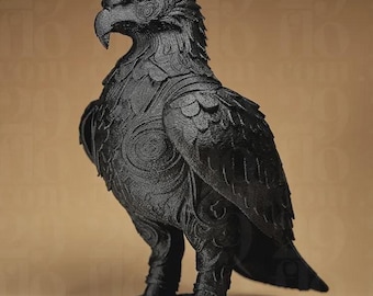 Statue Aigle Baroque Noir Mat - Sculpture Rapace aux Motifs Arabesques - Figurine Faucon en Impression 3D