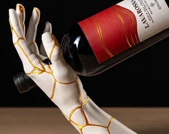Porte-Bouteille Main Kintsugi - Présentoir à Vin Design Impression 3D Blanc et Or - Accessoire Table Chic et Cadeau Œnologie