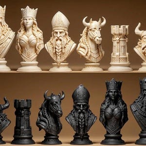 May include: A set of chess pieces featuring detailed busts of a king, queen, bishop, knight, rook, and pawn. The collection includes one set in off-white and one set in black, each displaying intricate carvings and textures on every individual piece.