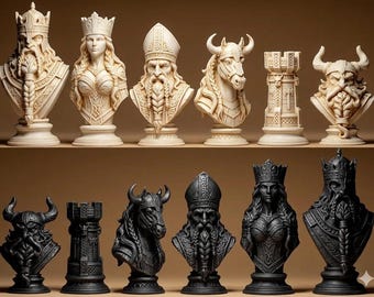 Jeu d'Échecs Vikings de 32 Pièces - Set Échecs Mythologie Nordique Impression 3D - Pièces Échecs Bustes design