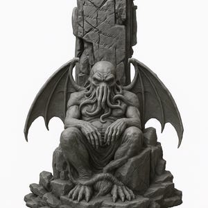 May include: A gray statue of a seated creature with bat-like wings, tentacles, and clawed feet. The creature is seated on a stone throne with a carved stone pillar behind it. The statue has a detailed, textured appearance.