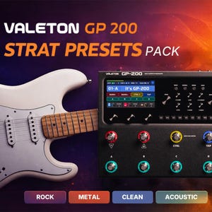 Puede incluir: Imagen de una guitarra el&eacute;ctrica blanca junto a un procesador multiefectos negro Valeton GP-200. El procesador tiene una pantalla y varios botones y perillas. El texto "VALETON GP 200 STRAT PRESETS PACK" se muestra en la parte superior. Los botones inferiores son "ROCK", "METAL", "CLEAN" y "ACOUSTIC".