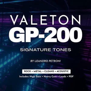 Pode incluir: Gráfico digital com o texto "VALETON GP-200 SIGNATURE TONES" em branco. Abaixo, lê-se "BY LEANDRO PETRONI". Uma caixa branca lista "ROCK • METAL • CLEANS • ACOUSTIC" e "Includes: High Gain • Heavy Core • Leads • PDF."
