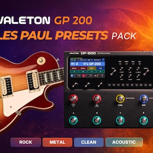 May include: A Valeton GP 200 multi-effects processor with a Les Paul guitar. The black processor has multiple knobs and buttons, with a screen displaying settings. The guitar is brown and yellow. The image includes the text "ROCK", "METAL", "CLEAN", and "ACOUSTIC".