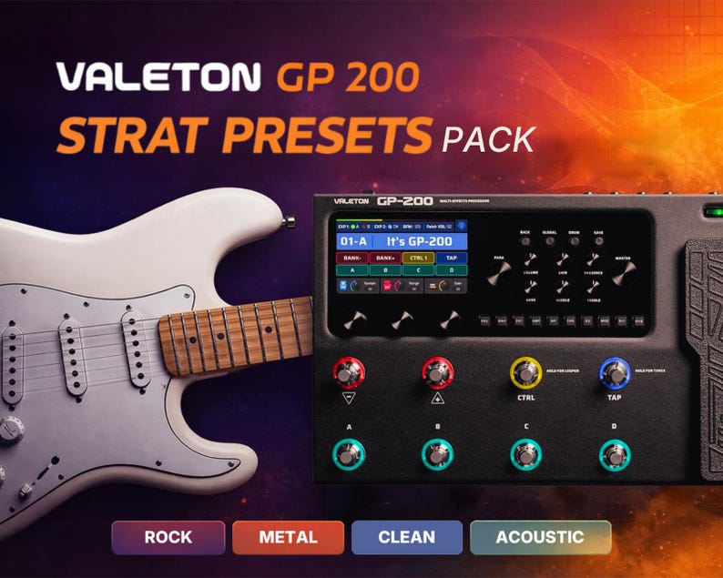 Puede incluir: Imagen de una guitarra el&eacute;ctrica blanca junto a un procesador multiefectos negro Valeton GP-200. El procesador tiene una pantalla y varios botones y perillas. El texto "VALETON GP 200 STRAT PRESETS PACK" se muestra en la parte superior. Los botones inferiores son "ROCK", "METAL", "CLEAN" y "ACOUSTIC".