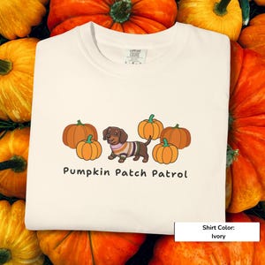 May include: An ivory t-shirt featuring a graphic of a brown dachshund wearing a striped sweater surrounded by four orange pumpkins. The text "Pumpkin Patch Patrol" is printed in black below the illustration. The shirt has a crew neckline.