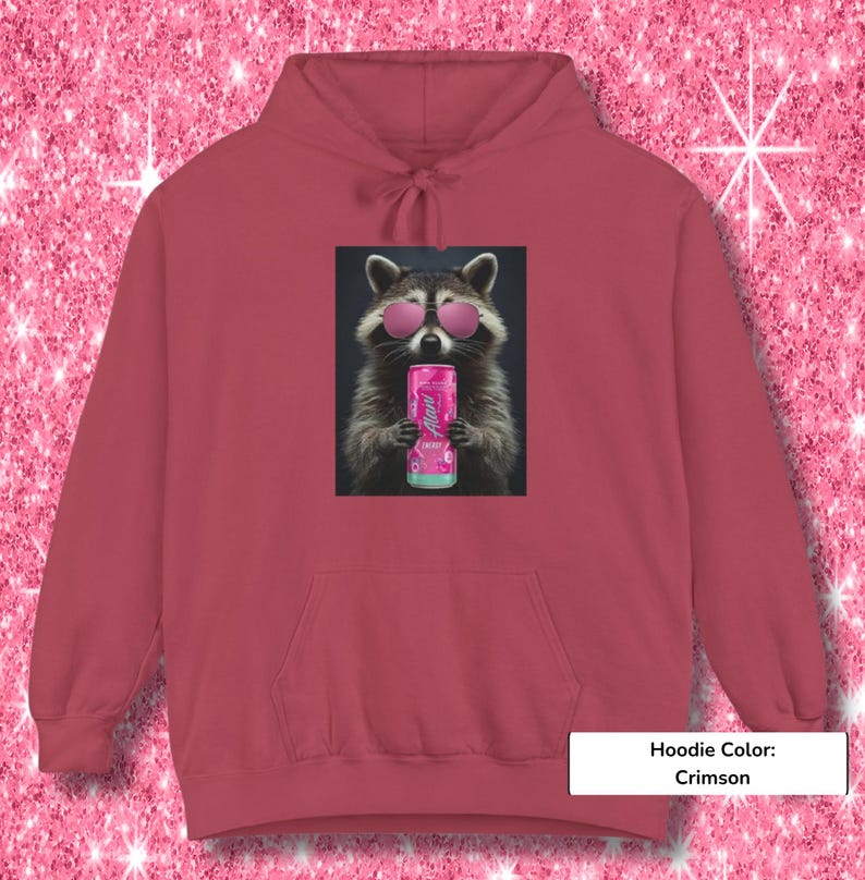 May include: A crimson hoodie featuring a graphic print of a raccoon wearing pink sunglasses and holding a pink Alani energy drink can. The hoodie has a drawstring hood and a front kangaroo pocket, showcasing a centered rectangular design.