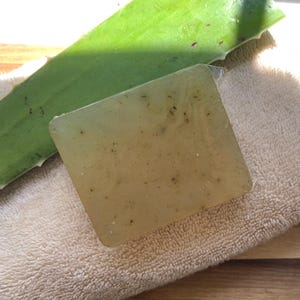 Jabón de aloe vera y manzanilla, barra artesanal, suave para pieles sensibles, leche de cabra, regalo natural y transparente.