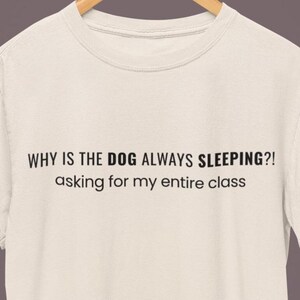 Può includere: T-shirt color crema con la scritta nera "WHY IS THE DOG ALWAYS SLEEPING?! asking for my entire class". La maglietta è appesa a una gruccia di legno su uno sfondo neutro.