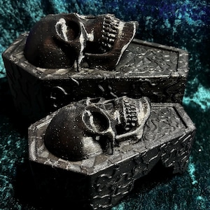 May include: Two black skull-shaped coffin boxes. The skulls have detailed teeth and eye sockets. The coffins have decorative patterns and are set against a dark teal velvet background. The coffins are different sizes.