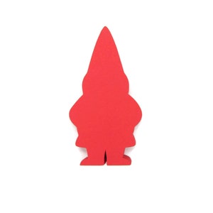 May include: A red wooden gnome figurine. The gnome is standing upright with a pointed hat and a simple, rounded body.
