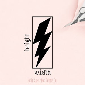May include: A black lightning bolt graphic inside a white rectangle with the words "height" and "width" written vertically on the left and horizontally on the bottom. The text "Hello Sunshine Paper Co." is written below the rectangle. The image is on a pink background.
