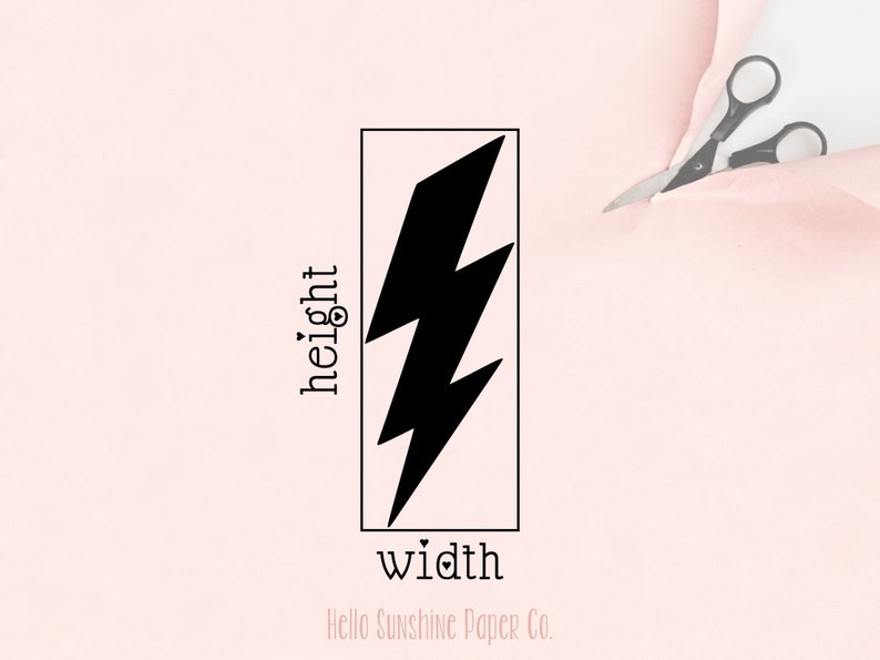 May include: A black lightning bolt graphic inside a white rectangle with the words "height" and "width" written vertically on the left and horizontally on the bottom. The text "Hello Sunshine Paper Co." is written below the rectangle. The image is on a pink background.
