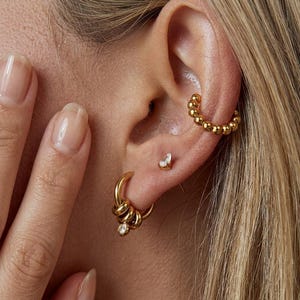 18K Gold 6-Piece Earring Set, Dainty Hoops, Beaded Ear Cuff, CZ Stud Earrings, Minimalist Jewelry, Stackable Gift