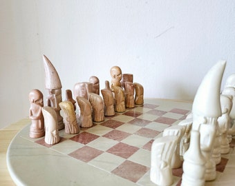 Vintage African handcarved soapstone pink and white chess set