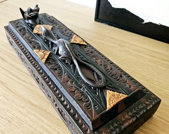 Vintage carved wood box and chopsticks