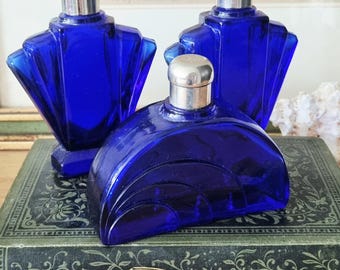 Vintage Art Deco cobalt blue glass perfume bottle set of 3.