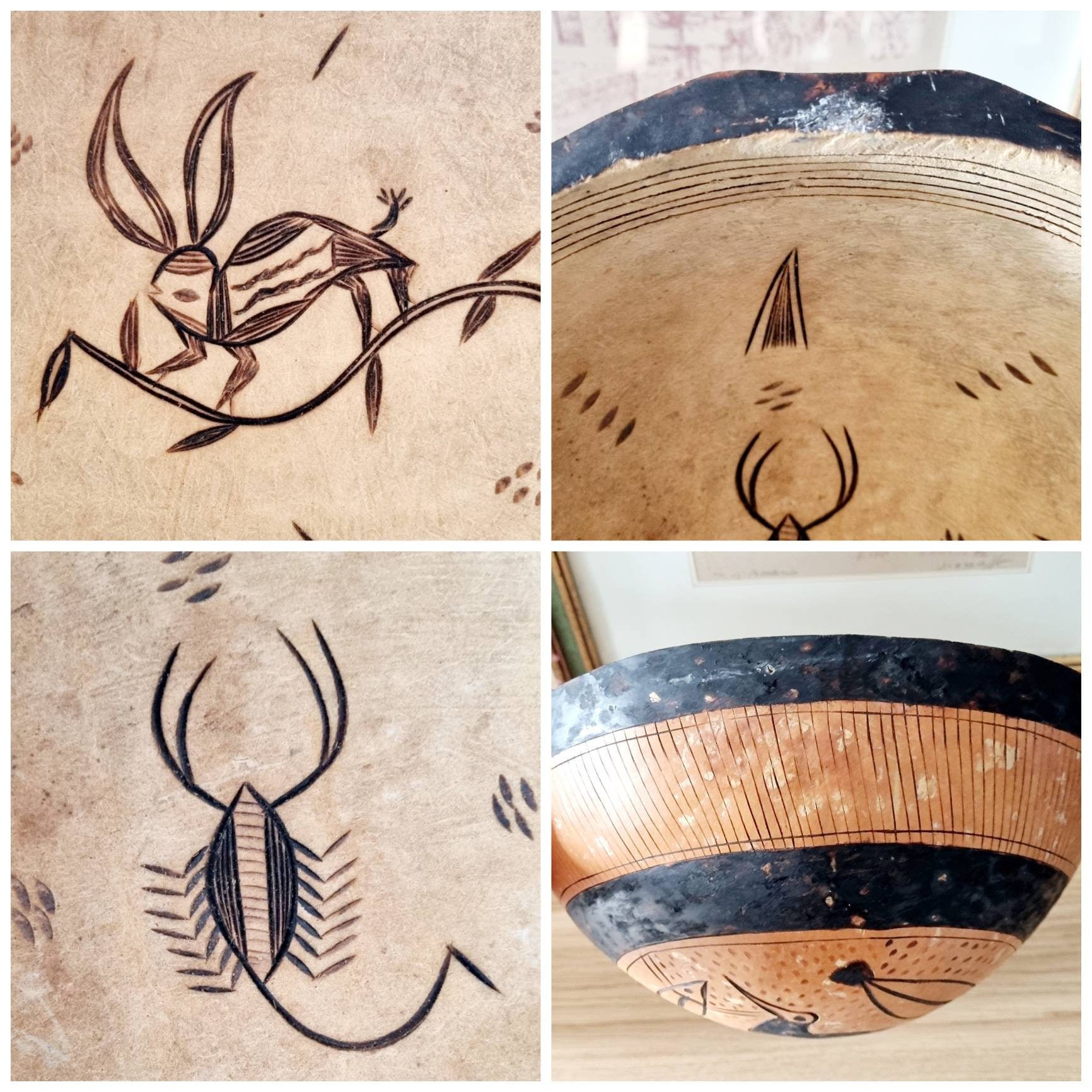 焼き付け絵が入ったビンテージのひょうたん型ボウル 2 個セット