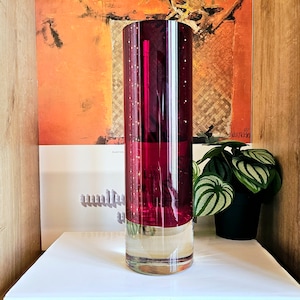Vintage ruby red glass cylinder shaped vase.