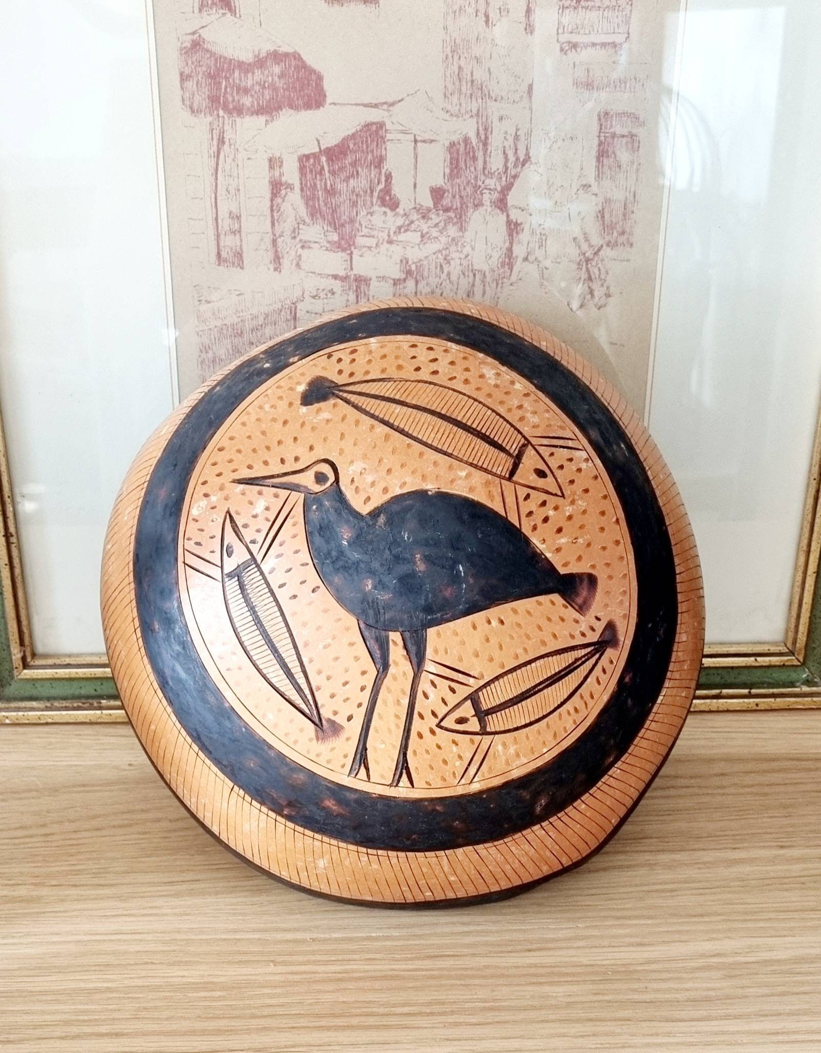 焼き付け絵が入ったビンテージのひょうたん型ボウル 2 個セット