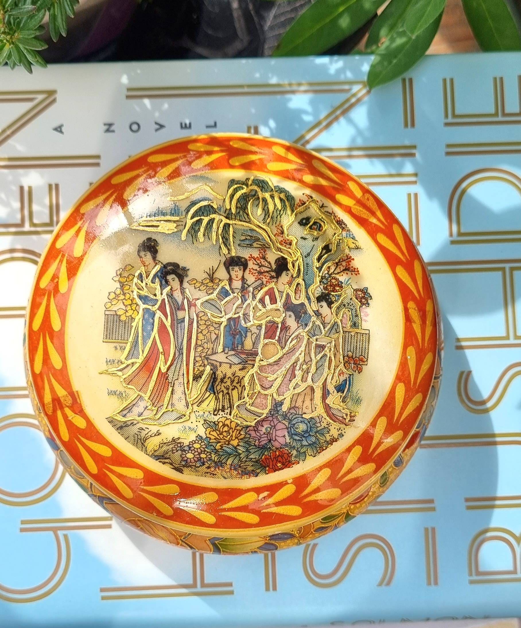 ヴィンテージの薩摩焼の蓋付き丸型小物入れ。 - Etsy 日本