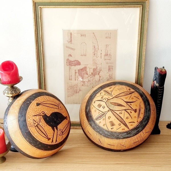 Vintage  Calabash gourd bowl set of 2 with burned in drawings.