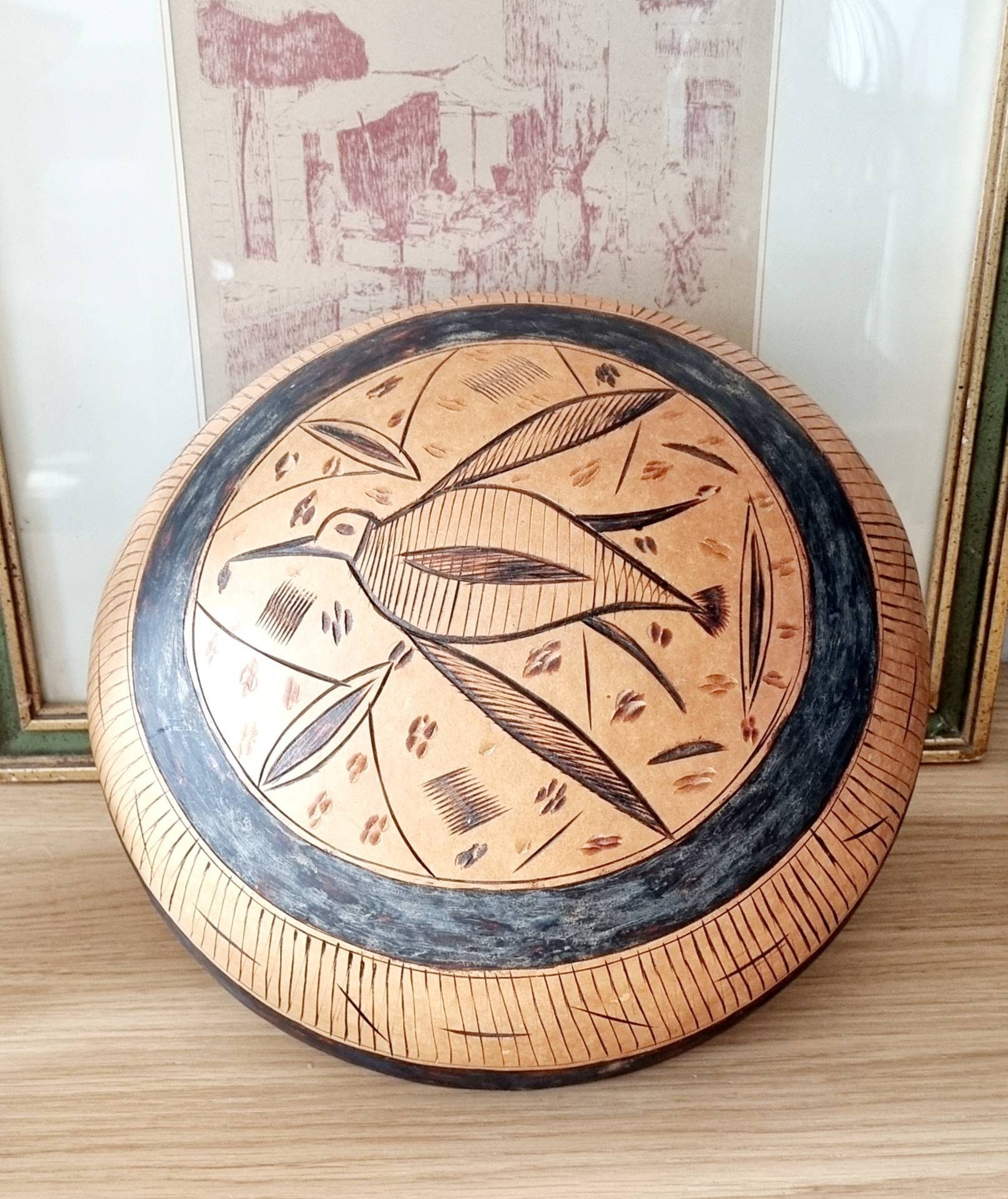 焼き付け絵が入ったビンテージのひょうたん型ボウル 2 個セット