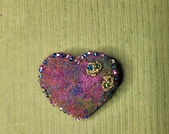 Needle Felted & Beaded Heart Brooch Jewelry