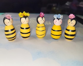 Handmade Miniature Collectible Wooden Peg Doll Bumble Bees