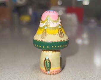 Hand Painted Mandala Design Miniature Mushroom Peg Toy Whimsy Fantasy Knick Knack