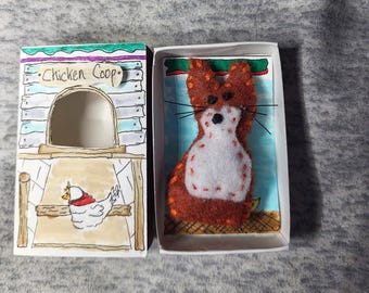 Miniature Doll in Matchbox Fox in Box Chicken Coop Pocket Pal Handmade Collectible